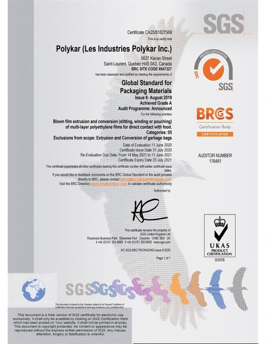 Polykar obtient le standard mondial BRC pour les matériaux d’emballage alimentaire